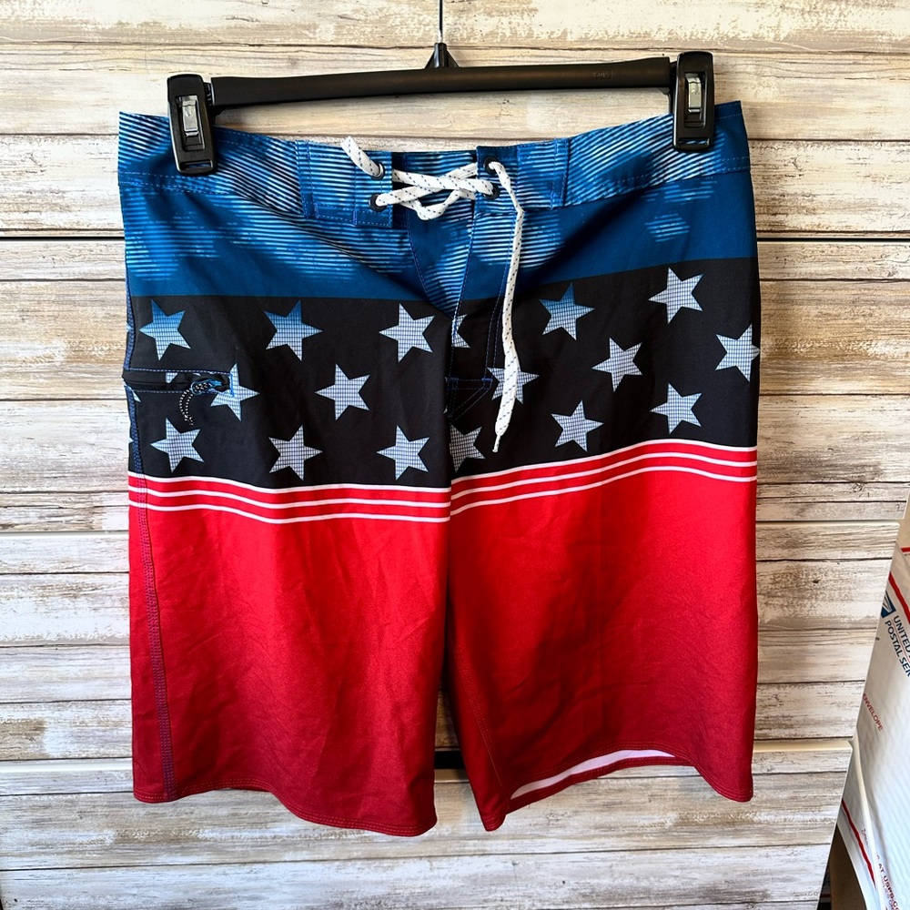 🇺🇸 Burnside Star Swim Trunks Men’s 30 Red Blue Board Shorts